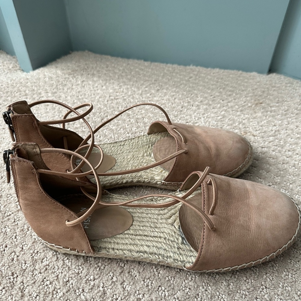 Eileen Fisher Women's Lace Up Espadrilles Leather Sandals Toffee 8.5